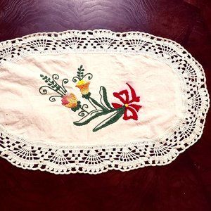 Vintage Red and Yellow Floral Doily - Oval.